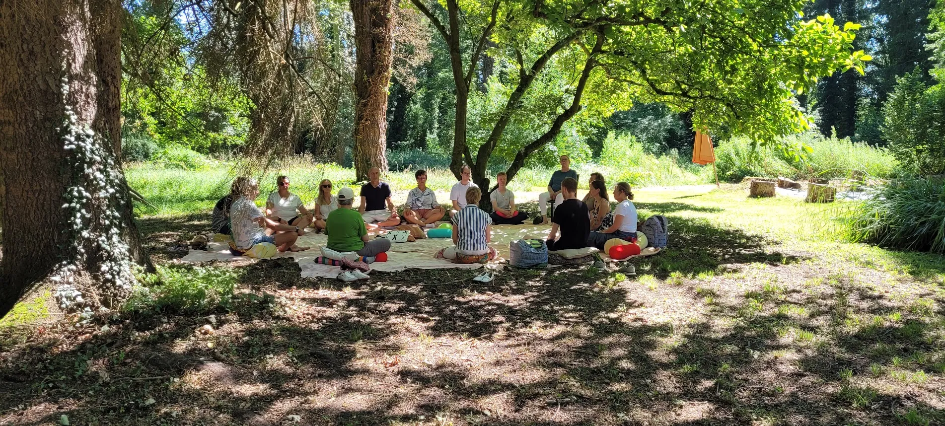Un groupe assis en cercle sur une couverture, en méditation à l'ombre des arbres d'un parc.